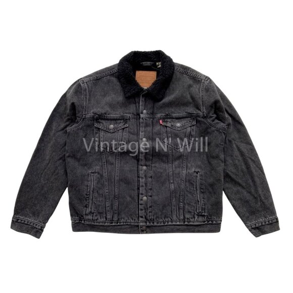 Levis Premium Red Tab Mens Black Acid Wash Denim Jean Sherpa Trucker Jacket - Picture 1 of 6